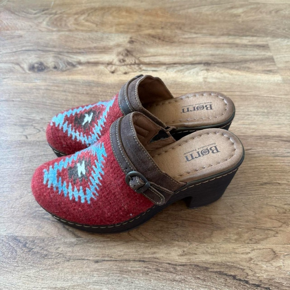 Born Red Wool Platform Clogs with Turquoise Stitching - Picture 2 of 8